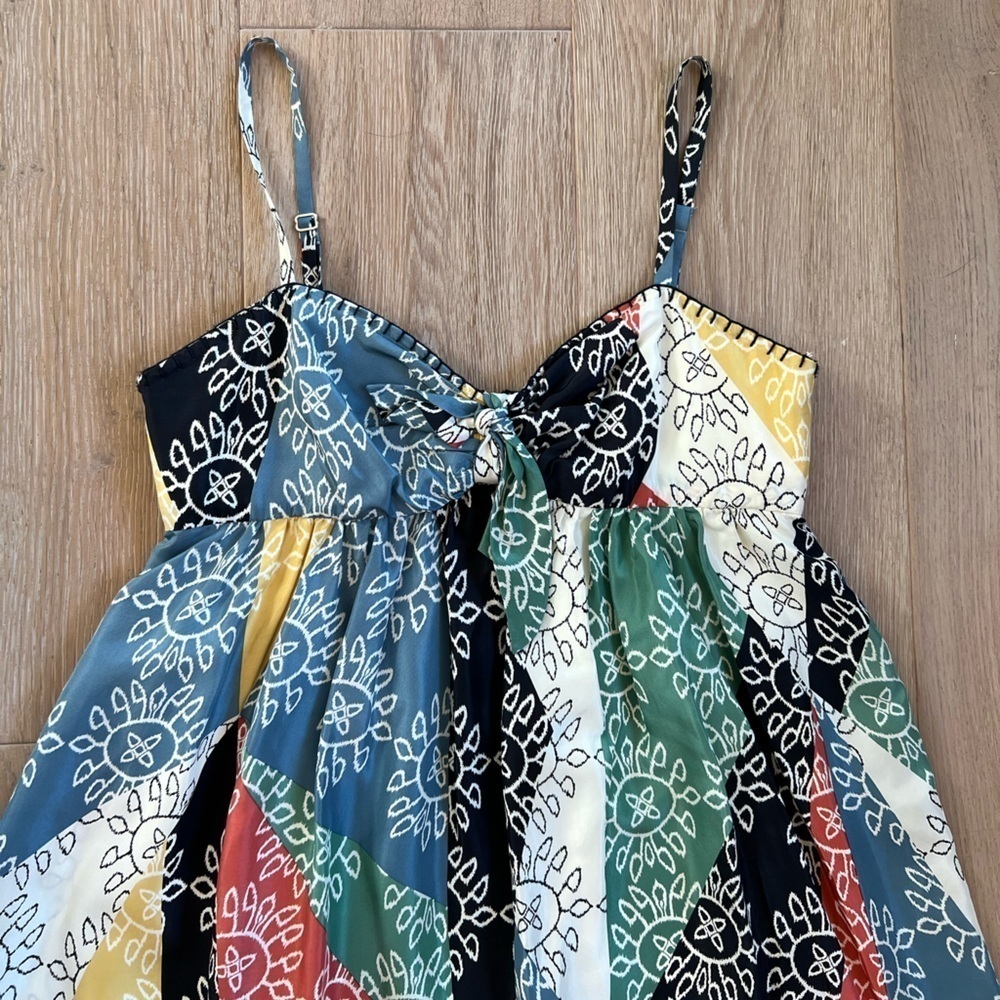 BCBG MAXAZRIA Spaghetti Strap Quilt Patchwork Mini Baby-doll Dress Bow Chest - Picture 3 of 16
